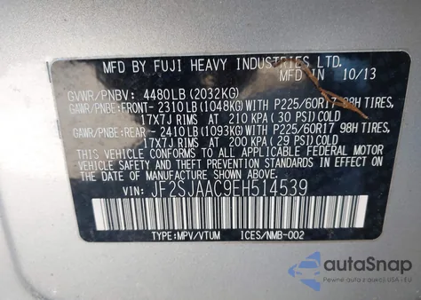 2014 Subaru Forester 2.5I из США, поврежденный, VIN JF2SJAAC9EH514539